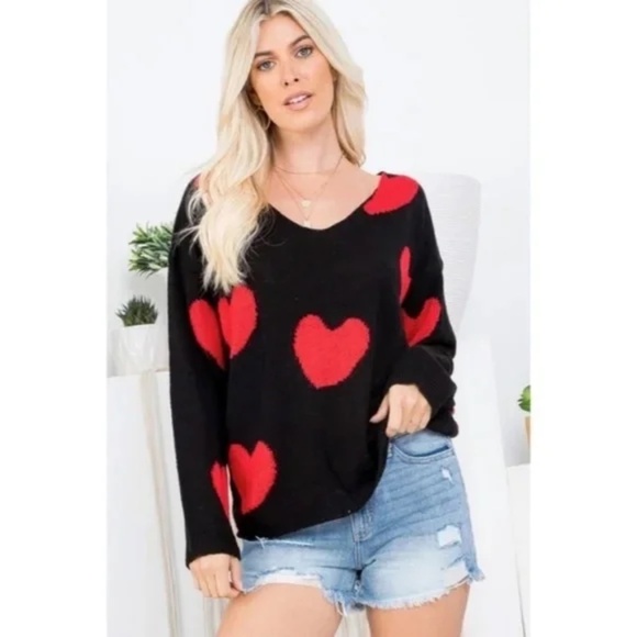 Black Red Multi Heart Knit V-Neck Valentines Day Long Sleeve Relaxed Sweater - Picture 10 of 10